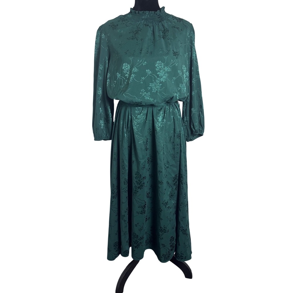 Sandra Darren Midi Dress Women 16 Green Excellent Floral Smocked Belted Jacquard